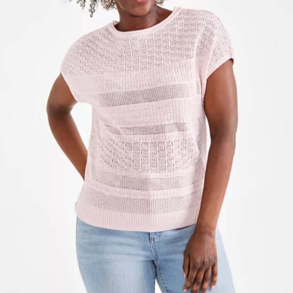 New Style & Co Pink Blush Round Neck Crochet Open Knit Light Sweater 4X Boho‎